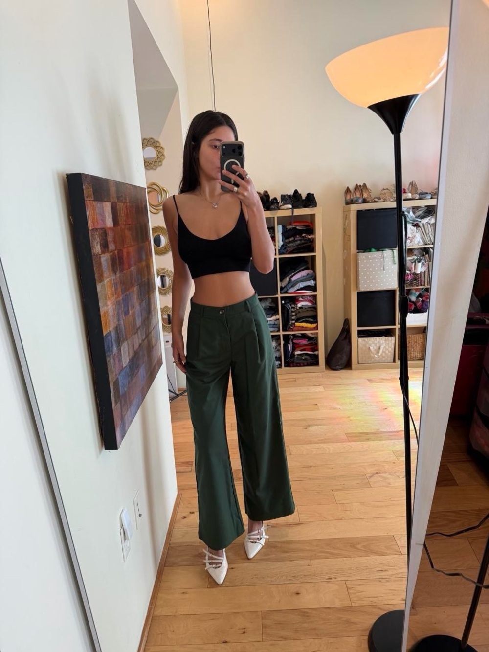 Cider Olive Green Flare High-Rise Trousers